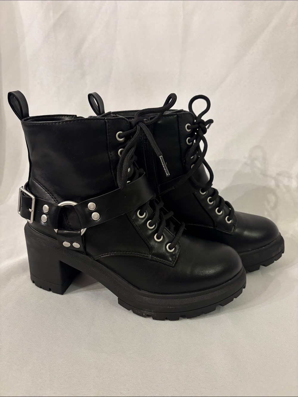 No Boundaries Black Lace-Up Chunky Heel Ankle Boots with Buckle Strap